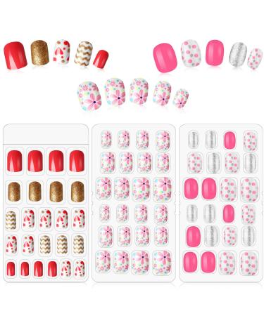 72 Pieces Kids False Nails Press on Artificial Nail Girl Fake Fingernail Kit Full Cover Short for Girls Children Nail Design Decoration 3 Boxes (Flower Dot and Heart)