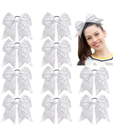 10 PCS 7 Large Glitter Cheer Bows for Cheerleaders  CN Sequin Sparkly Hair Bows with Elastic Hair Ties Accessories for Teens Girls Women Cheerleading Softball Competition Sports Silver