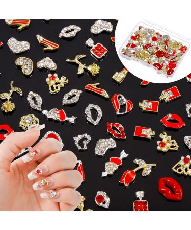 QUEEN KING 48 Pcs 3D Nail Art Rhinestone  3D Nail Art Charms Heart Lips Flower Gems Charms Nail Glitter Valentine's Day Rhinestones for Nails Art for Girl Women DIY Nail Design Craft Jewelry Making