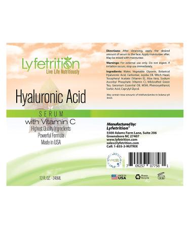 Hyaluronic Acid Serum for Skin - Moisturizing & Hydrating | Natural Face Serum with Vitamin C & Aloe Vera | 12 Fl Oz - Lyfetrition - Buy Online on GoSupps.com