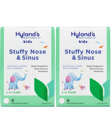 Hyland's Naturals Kids Stuffy Nose and Sinus Tablets Cold and Allergy Medicine for Children Ages 2 and up Headache Relief and Nasal Decongestant Quick Dissolving Tablets 50 Count (Pack of 2)