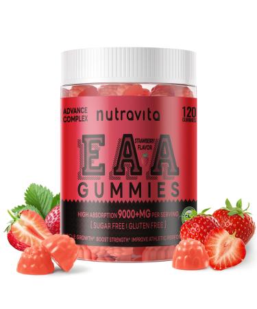 Nutravita EAA Gummies 120 Gummies (Strawberry) 9000 mg Essential Amino Acids - All 9 Essential Aminos (EAA) and All Branched-Chain Aminos (BCAAs) Non-GMO Gluten Free Vegetarian Friendly Strawberry 120 Count (Pack of 1)