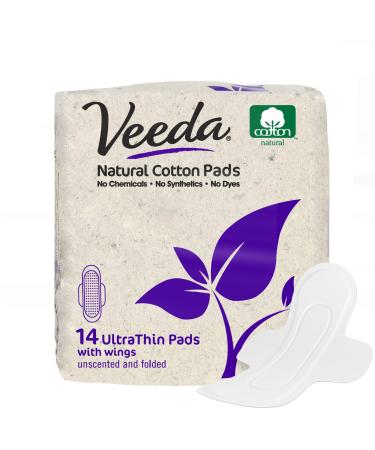 Veeda Ultra-Thin Absorbent Day Pads with 100% Natural Cotton Top Sheet are Always Chlorine and Fragrance Free Hypoallergenic Sanitary Napkins 14 Count 14 Count (Pack of 1)