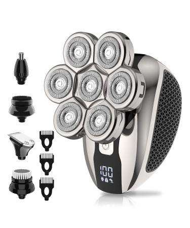 Bald Head Shaver for Men, JIMSTER 6 in 1 Electric Men Head Shaver IPX7 Waterproof with Hair Clippers/Nose Hair/Sideburns Trimmer Grooming Head Shaver kit, Cordless LED Bald Head Razor, USB Charge A-sliver