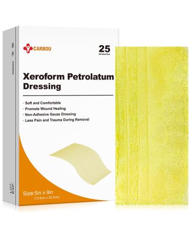 Carbou Medical Xeroform Petrolatum Dressing 5"x9" 25 Individual Pack Non-Adherent Gauze Pads Soft Fine Mesh Gauze Patch for Wound Care Burns Lacerations Skin Grafts & Surgical Incisions
