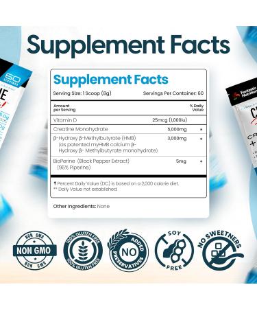 Fantastic Nutrition Creatine Fantastic - 5g of CreaPure German Creatine with 3g of myHMB for Increased: Lean Muscle Strength Energy & Athletic Performance Speeds Recovery - 60 Servings Unflavored - Buy Online on GoSupps.com