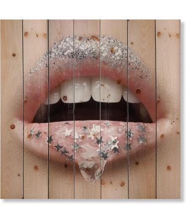 DesignQ Modern Female Lips Wall Art - Silver Stars & Natural Pine Wood Decor for Contemporary Spaces - Buy Online on GoSupps.com