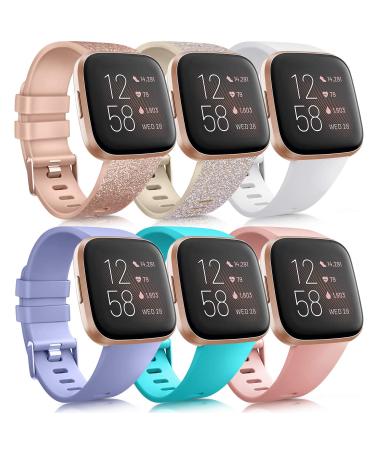 6 Pack Sport Bands Compatible with Fitbit Versa 2 / Fitbit Versa / Versa Lite / Versa SE, Classic Soft Silicone Replacement Wristbands for Fitbit Versa Smart Watch Women Men (6 Pack B, Small) Small Glistening Rose Gold/Glistening Champagne Gold/White/Lave