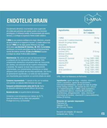 Endotelio 1-MNA Brain Anti-Aging Supplement Optimizes NAD+ with Ginkgo Biloba Zinc Biotin Vitamins C B1 B5 B6 B12 Mood Memory Concentration 30 Capsules - Buy Online on GoSupps.com