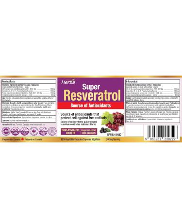 Herba Resveratrol Supplement - 120 Capsules | 98% Trans-Resveratrol with Quercetin Echinacea Grape Seed Extract and Aronia | Powerful Antioxidant Supplement | Made in Canada - Buy Online on GoSupps.com