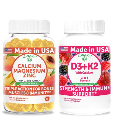 Lunakai USA Made Calcium Magnesium Zinc + D3 + K2 Gummies Bundle Naturally Flavored Non-GMO 60ct Each
