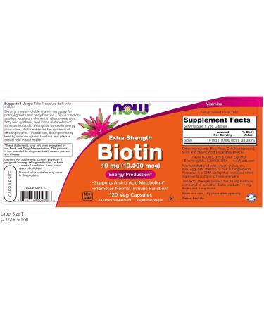 NOW Foods Biotin 10mg Extra Strength - 120 Vcaps | High Potency Hair, Skin & Nail Support - Buy Online on GoSupps.com