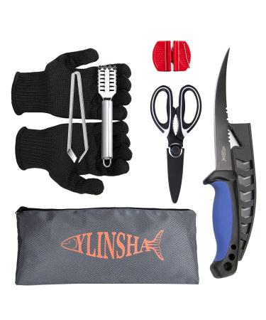ylinsha Fish Cleaning Kit Fishing Knife 7 PC set coated Bait Knife, Fish Knife, Fish Scale Cleaning Brush, multi-functional Scissors, anti-cutting Gloves, Fishbone Tweezers, storage Bag