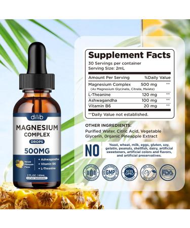 Triple Magnesium Complex Supplement-Magnesium Glycinate Citrate Malate Liquid Drops 500mg with Ashwagandha L-Theanine Vitamin B6 for Calm Stress Relief Sleep Muscle Support-Pineapple Flavor Pineapple 2 Fl Oz (Pack of 1) - Buy Online on GoSupps.com