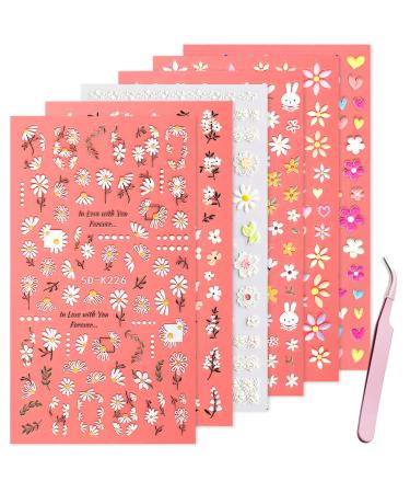 5D Flower Stickers for Nails Hollow Exquisite Pattern Nail Charms Multi-Design Fingernail Nail Stickers Carving Design Nail Stickers for Nail Art DIY Acrylic Nail Art with Tweezer (Spring)