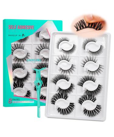 Self Adhesive Eyelashes No Glue Needed Lash Clusters 8 Pairs Reusable Adhesive Eyelashes Waterproof Wispy Lashes with Tweezer for Lash Extension at Home by AMZGlRL(4 styles D-mix 8-17mm) 8Pairs|4Styles-8-17mm|D