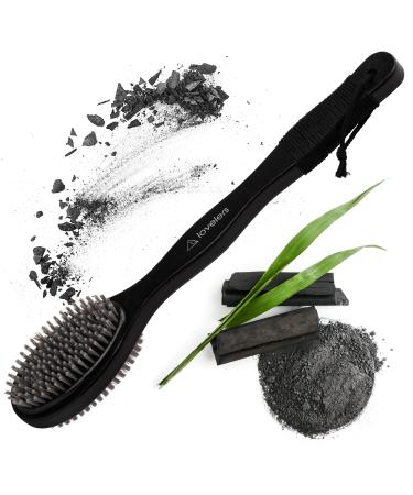 Lovelers Shower Back Brush with Long Handle for Men and Women - Bamboo Bath & Body Brushes for Cleansing and Exfoliating - Black Body Scrubber with Handle - Dual Sided Back Exfoliator for Shower