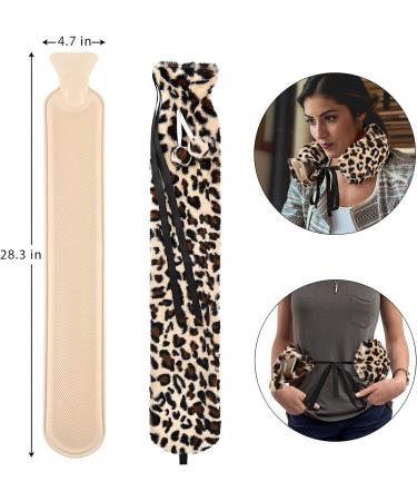 Leopard Print Long Hot Water Bottle with Plush Cover & 2L Capacity - Wearable Belts for Neck, Waist, Abdomen - Leak-Proof Screw Thread Stopper - Buy Online on GoSupps.com