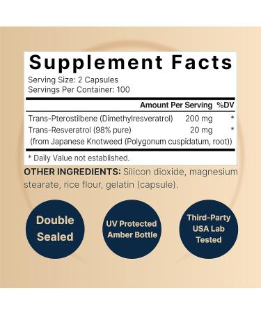 Pterostilbene Quercetin Supplements 200mg - 200 Capsules | Wild Blueberry Sourced for Healthy Aging, Memory, and Cardio Health - Buy Online on GoSupps.com