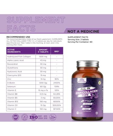 CAMRUSEPA All in Fish Collagen Type 1-3 Marine Collagen Tablets with Hyaluronic Acid Resveratrol Glutathione Selenium Zinc & Vitamins Hair Skin Joint & Nail Support 90 Tablets - Buy Online on GoSupps.com