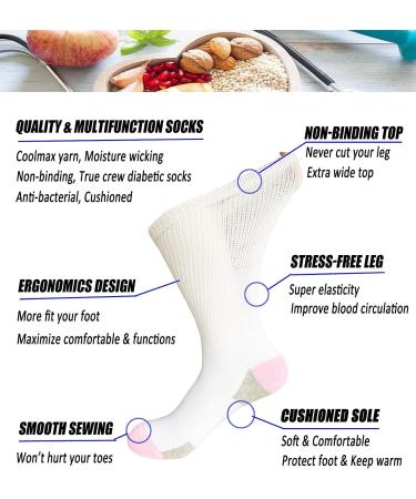Women's Non-Binding Diabetic Socks - Wide Top, Loose Fitting, 4 Pairs White/Pink - Ideal for Diabetes, Edema, Medical, Hospital, Thick Ankle, Crew, Casual Dress Sox - Buy Online on GoSupps.com