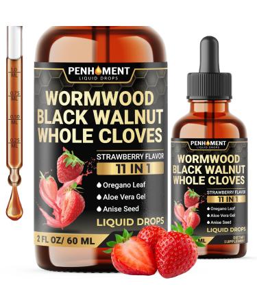 Penhoment 11in1 Wormwood Liquid Drops - Black Walnut Wormwood Liquid Extract with Whole Cloves, Reishi, Peppermint, Oregano, Aloe Vera, Anise Seed - 2 FL OZ - 60 Days Supply - Strawberry Flavor