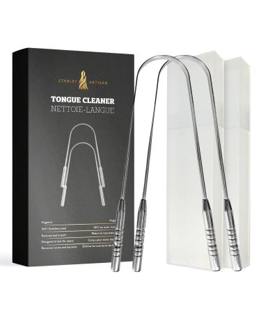 Stanley Artisan Tongue Scrapers - Tongue Cleaner with 2 Pieces Travel Cases - Surgical Stainless Steel Rustproof Tongue Scrapers Effective Reusable Lifetime Scraper -2 PACK