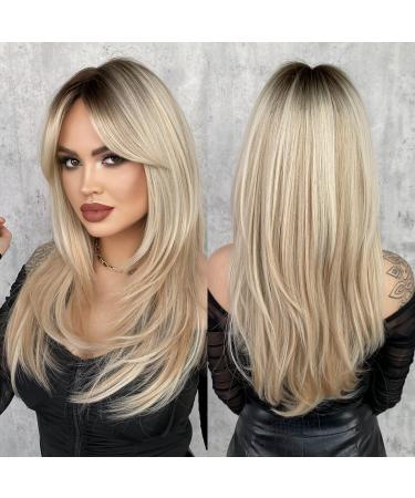 7JHH WIGS Long Blonde Wig with Bangs for Women Heat Resistant Fiber 25 Inch Layered Synthetic Hair Wigs with Dark Roots for Daily Use Ombre Blonde