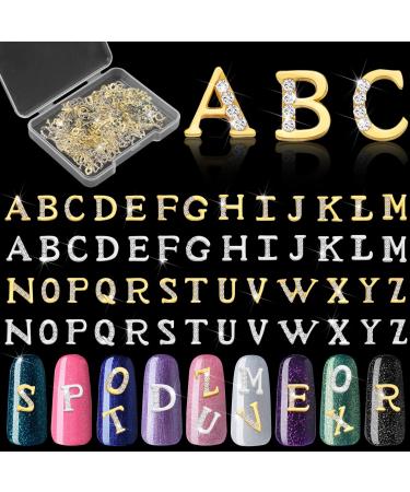 52 Pieces Letters Nail Stud Stickers Alloy Rhinestone Letter Charms 3D Capital Letters Nail Studs Alphabet Nail Charms English Nail Decoration for Women Girls Nail Accessories Home Salon, Gold, Silver