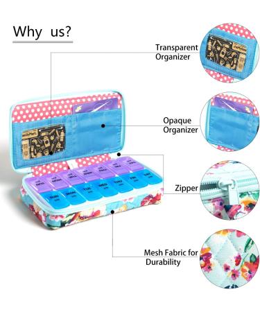 Weekly Pill Organizer 2x Daily - Zumd 7 Day Travel Case with Quilted Zipper Cute Floral Design for Vitamins & Medications - Buy Online on GoSupps.com