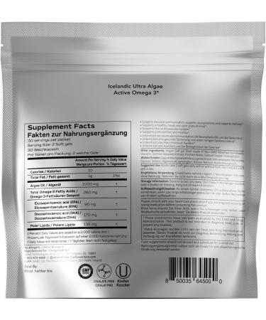 Orlo Vegan Omega 3 Algae Oil 1000mg - Natural Icelandic Nordic Omega-3 EPA & DHA Supplement - Fish Oil & Krill Alternative for Heart & Brain 60 Easy-to-Swallow Burpless Mini Softgels 60 Softgels (1 Pack) - Buy Online on GoSupps.com