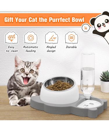 Elevated Tilted Cat Food and Water Bowl Set with Automatic Dispenser - Grey-Stainless Steel - Buy Online on GoSupps.com