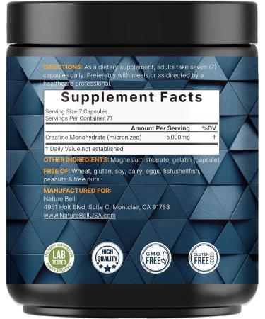 NatureBell Creatine Monohydrate Capsules 5 000mg Per Serving 500 Count | Micronized Unflavored Creatine Pills | Pre-Workout & Muscle Strength Support | Easy to Swallow Filler-Free | 71 Servings - Buy Online on GoSupps.com