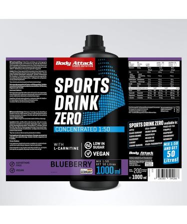 Body Attack Zero Sports Drink - Blueberry Flavor - 1000 ML | Vegan Energy Drink Concentrate | Low Sugar & Fat | Vitamins & Minerals | Made in Germany - 200 Portions - Buy Online on GoSupps.com
