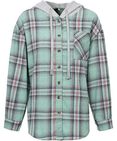 Women's Hooded Flannel Shirt - Button Up Plaid, Long Sleeve Drawstring Pullover - Green XL - Buy Online on GoSupps.com
