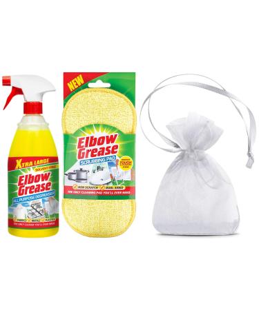 Elbow Grease All Purpose Degreaser 1L Removes Grease Stain from Fabrics Metal Plastics 1Pk + Scrubbing Pad Dual Sided Sponge 1Pk + Our Gift for You: Organza Bag Size: 9x7x0.1cm