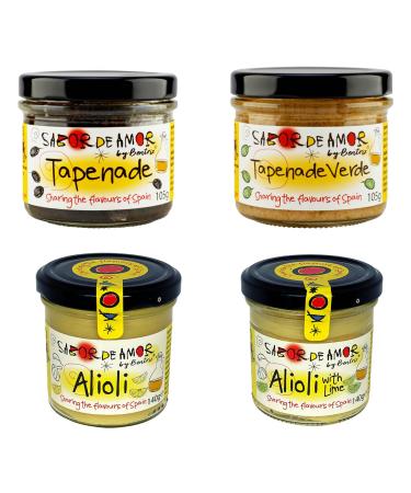 Sabor De Amor By Beatriz Pick N Mix - Choose From Jar with 4 Flavours | Alioli Alioli-with Lime Tapenade Tapenade-Verde | Black & Green Olives-Tapenade Naturally Vegan | Pack of 4