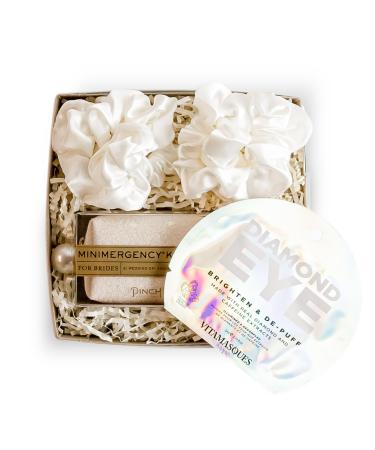 Bride Gift Box - Bride to Be Gift Set for Bridal Shower Engagement Party Bachelorette Party Wedding Shower - White Silk Sateen Hair Scrunchies Diamond Eye Mask Bride Emergancy Kit