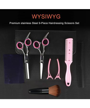 Sirabe Hair Cutting Scissors Set - 9 Pcs Hairdressing Kit for Professional Barber Salon & Home Use - Thinning Scissor, Neck Duster, Leather Case - Men, Women, Pet - Pink - Buy Online on GoSupps.com