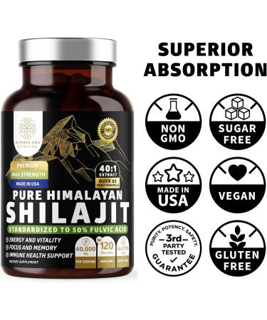 Pure Himalayan Shilajit Supplement for Men and Women, 40,000MG, Max Strength Contains 50% Fulvic Acid with Over 85 Trace Minerals to Support Energy, Brain and Immunity, 120 Veg Caps - Buy Online on GoSupps.com