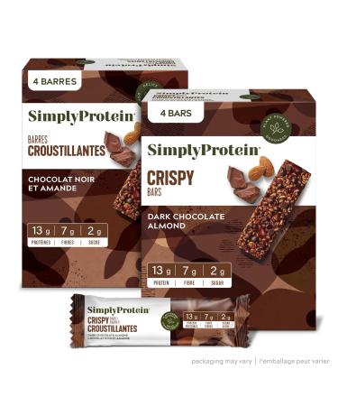 Simply Protein - Dark Chocolate Almond Crispy Bars - Plant Based Protein Bars - Low Carb Low Sugar High Fibre - 13g Protein 2g Sugar 7g Fibre - Vegan Gluten Free Non GMO Kosher - 4 Bars Dark Chocolate Almond 4 Count (Pack of 1)