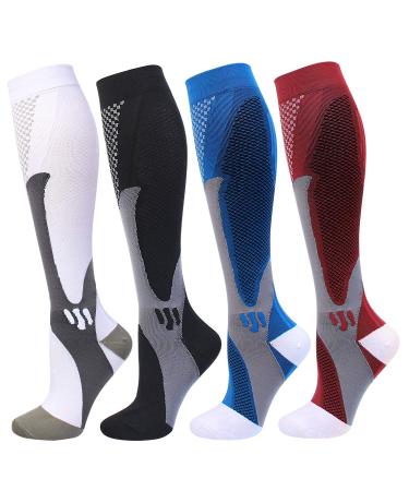 4 Pairs Compression Socks for Men and Women 20-30 mmHg Compression Stockings Black+Blue+White+Red XX-Large-3X-Large