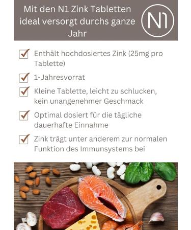 N1 Zinc Tablets 25mg - 5x365 St. Vegan Annual Supply | High Dose Zinc for Immune Support | Best Bioavailability - 1825 Pieces - Buy Online on GoSupps.com