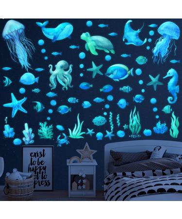 Glow in The Dark Ocean Fish Wall Stickers Under The Sea Wall Stickers Vinyl Sea Life Wall Decals Removable Waterproof Peel and Stick for Boys Kids Bedroom Bathroom Creatures Bright