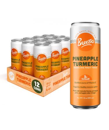 Breezzo Pineapple Turmeric Sparkling Fruit Tonic, 12 Fl Oz (12 Pack) - Immunity Booster, Excellent Source of Vitamin C - Functional Alternative to Soda, Juice, Sparkling Water & Kombucha Tea Pineapple Turmeric 12 Count (Pack of 1)