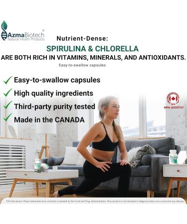 AzmaBiotech Organic Spirulina Chlorella Capsules 500mg 60 Count 50/50 Blend Vegan & Gluten-Free High in Protein & Nutrients Supports Energy & Immune Function Made in Canada Green Booster - Chllorella & Spirulina - Buy Online on GoSupps.com