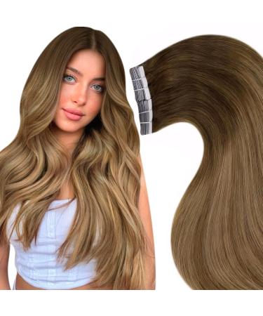 LAAVOO TAPE Extensions Real Hair Balayage Brown Glue In Extensions Real Hair Adhesive Seamless Tape in Real Hair Extensions #6/8/14 Medium Brown To light brown and darkest blonde 50g 55cm 20PCs 55cm-20PCs 3.3 #6/8/14