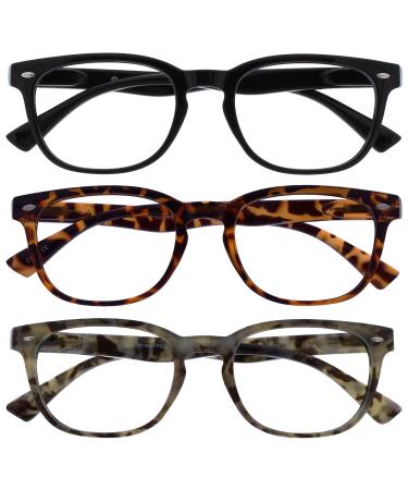 The reading glasses are black brown gray wrap reader value 3-pack gregory peck style men women rrr14-12t7 +2.50 +2.50 dioptries black brown gray tortoise