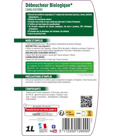 SPADO - Organic drain cleaner - Unblocks cleans and deodorises - Removes clogs dirt and odours - Compatible with septic tanks and grease trays - No soda or acid - 1L - Made in France - Buy Online on GoSupps.com