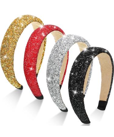 4 Pieces Rhinestone Crystal Headband Fashionable Handmade Bling Rhinestone Hairbands Headwear for Women Girls Hair Accessories (Black  White  Red  Gold)
